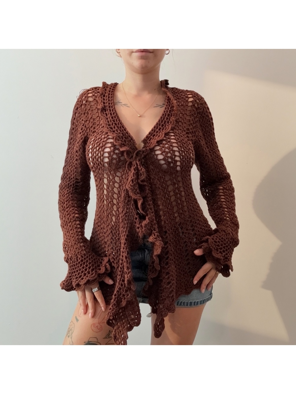 Brown Crochet Ruffle Cardigan